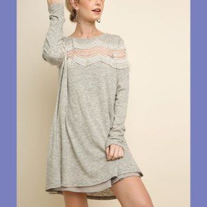 New UMGEE S M L grey heather Floral Lace Chest/Sleeve Applique lined knit dress